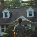 Man standing before a vintage house, contemplating roof repair or replacement, representing the decision-making process for first-time homeowners.