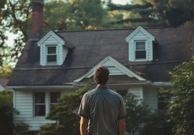 Man standing before a vintage house, contemplating roof repair or replacement, representing the decision-making process for first-time homeowners.