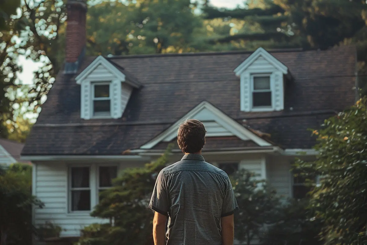 Man standing before a vintage house, contemplating roof repair or replacement, representing the decision-making process for first-time homeowners.