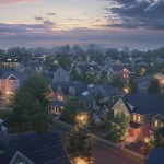 Aerial view of a neighborhood at dusk, illustrating diverse roofing styles and the lasting impact of quality roofing on community aesthetics.