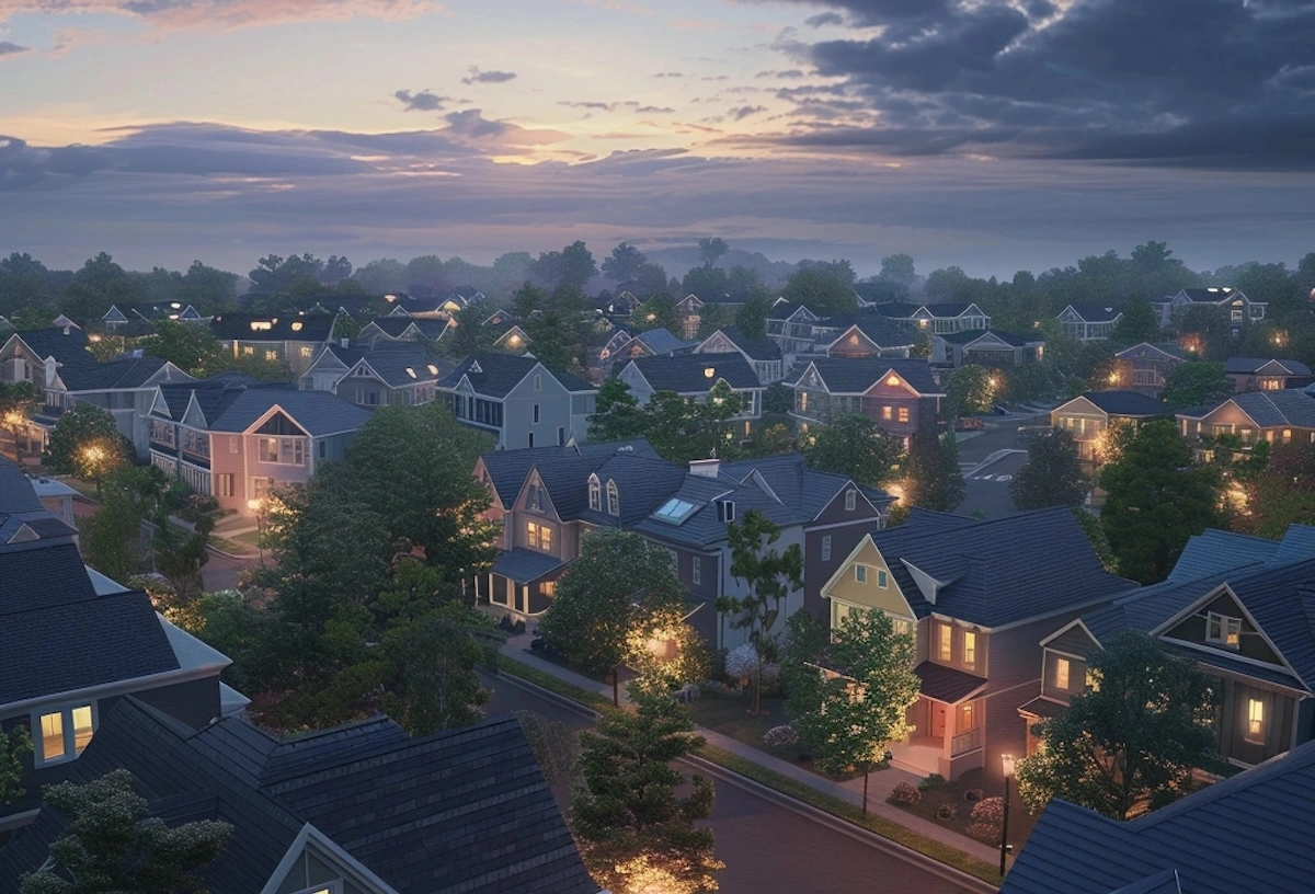 Aerial view of a neighborhood at dusk, illustrating diverse roofing styles and the lasting impact of quality roofing on community aesthetics.