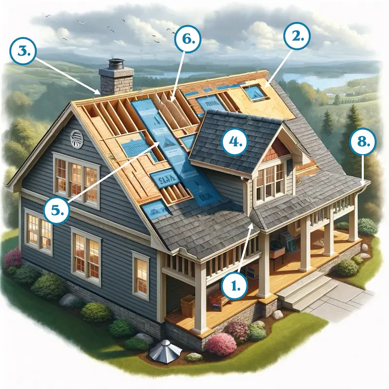 Illustrative diagram showing the different parts of a roof on a house, labeled to highlight various roofing components like shingles, underlayment, and structural elements.