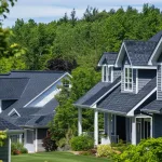 Scenic suburban neighborhood at dusk, showcasing a variety of homes with stylish asphalt shingle roofing amid lush greenery.