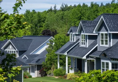 Scenic suburban neighborhood at dusk, showcasing a variety of homes with stylish asphalt shingle roofing amid lush greenery.