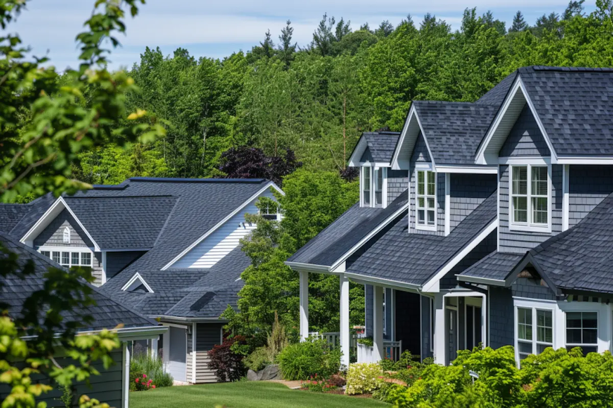 Scenic suburban neighborhood at dusk, showcasing a variety of homes with stylish asphalt shingle roofing amid lush greenery.