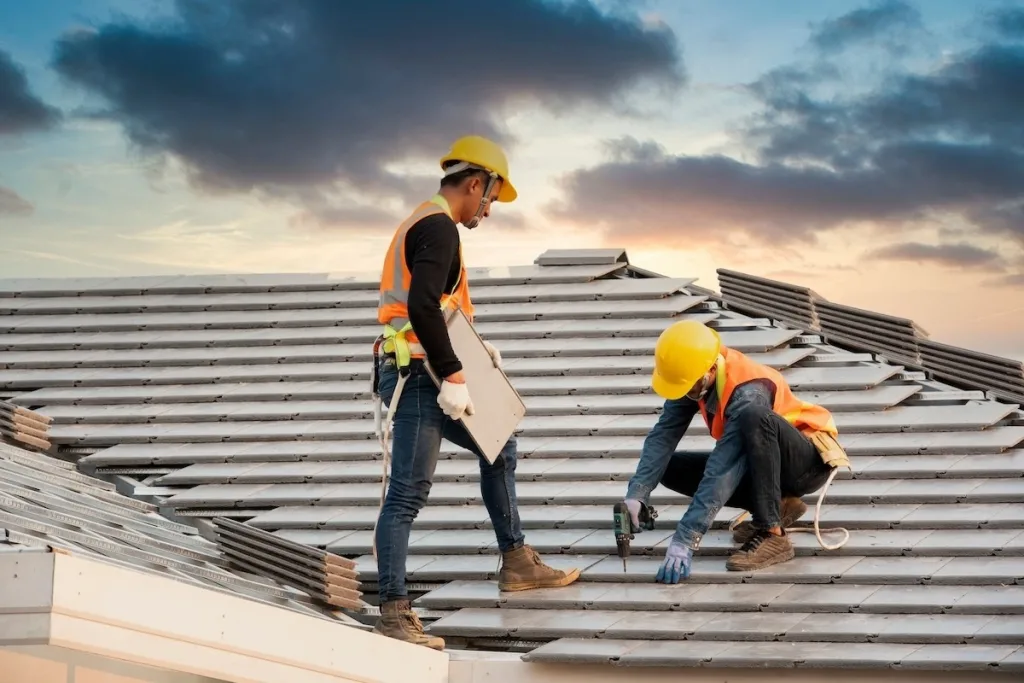 Two professional roofers wearing safety gear installing or repairing a metal roof against a dramatic sunset sky.