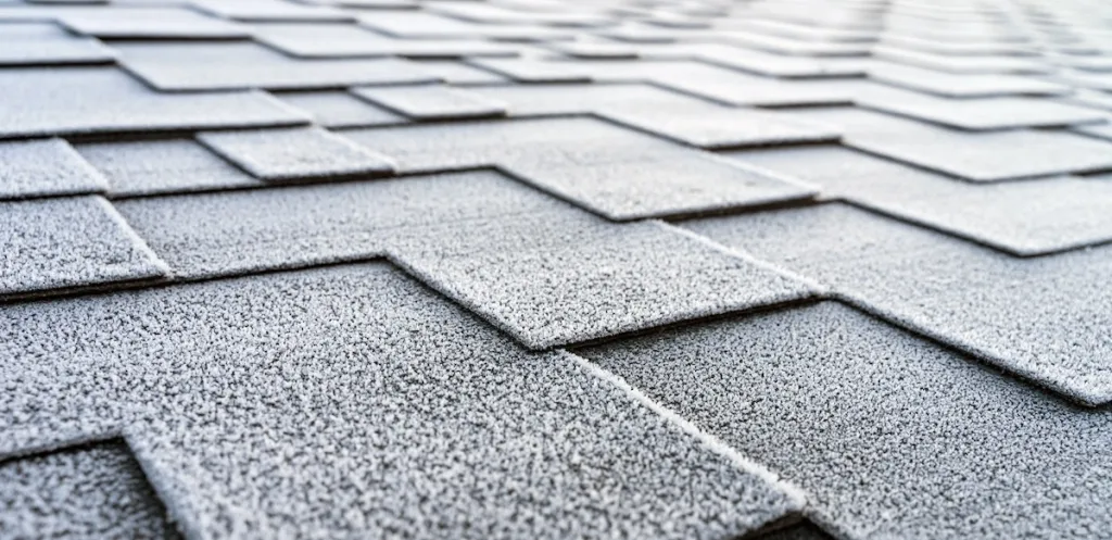 Close-up view of frost-covered asphalt shingles in the early morning, highlighting the durability and quality of our roofing services.