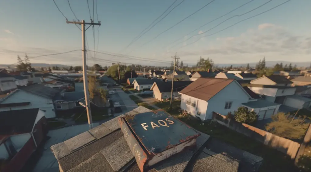 A book labeled 'FAQs' resting on a shingle roof with a panoramic view of a residential neighborhood in the background, symbolizing accessibility to roofing knowledge.