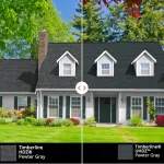 Comparison of Timberline HDZ and UHDZ shingles on same house, showcasing the differences in shingle appearance and design