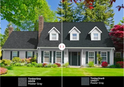 Comparison of Timberline HDZ and UHDZ shingles on same house, showcasing the differences in shingle appearance and design